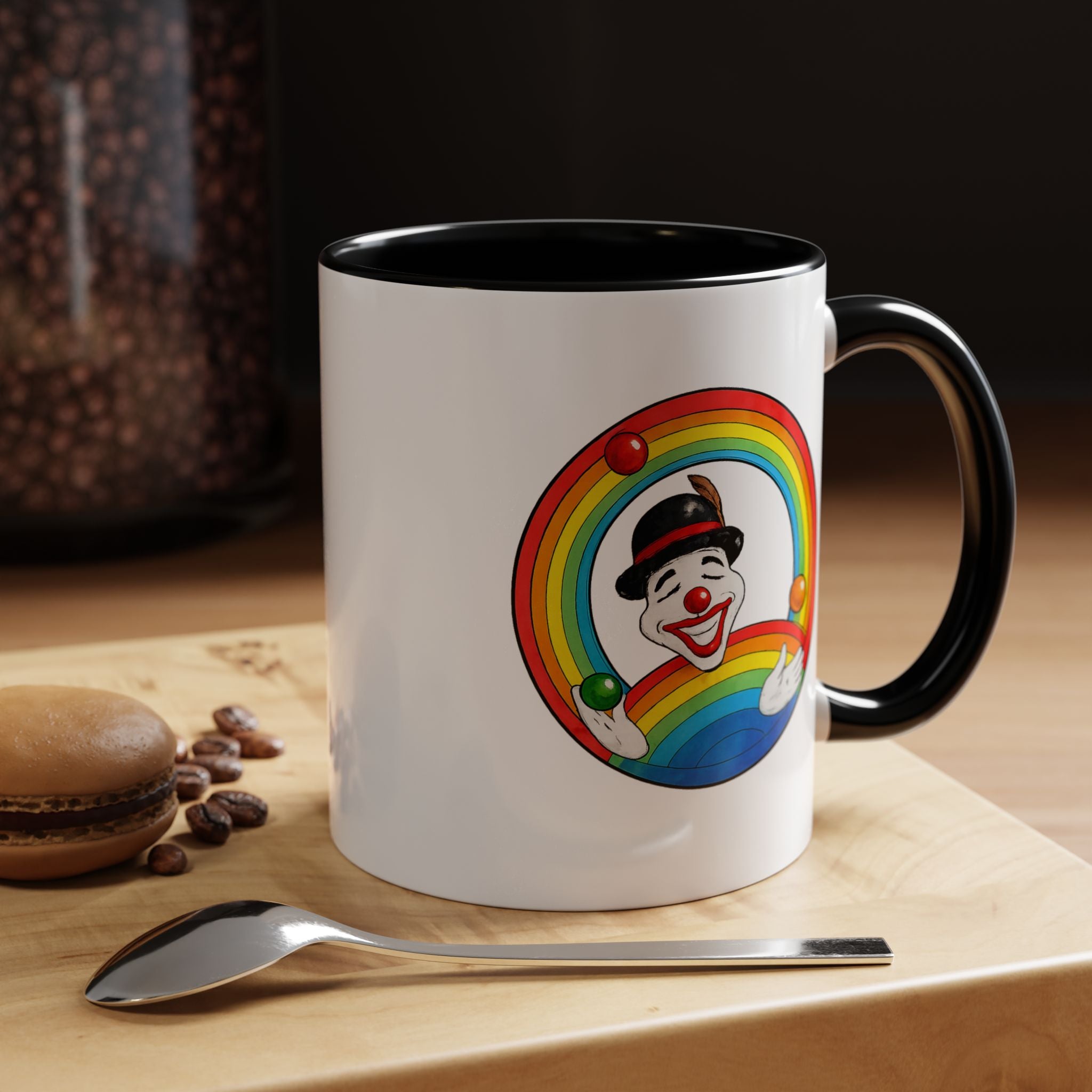 Rainbow Juggling Clown Coffee Mug — Colorful Circus Accent Mug (11/15oz)