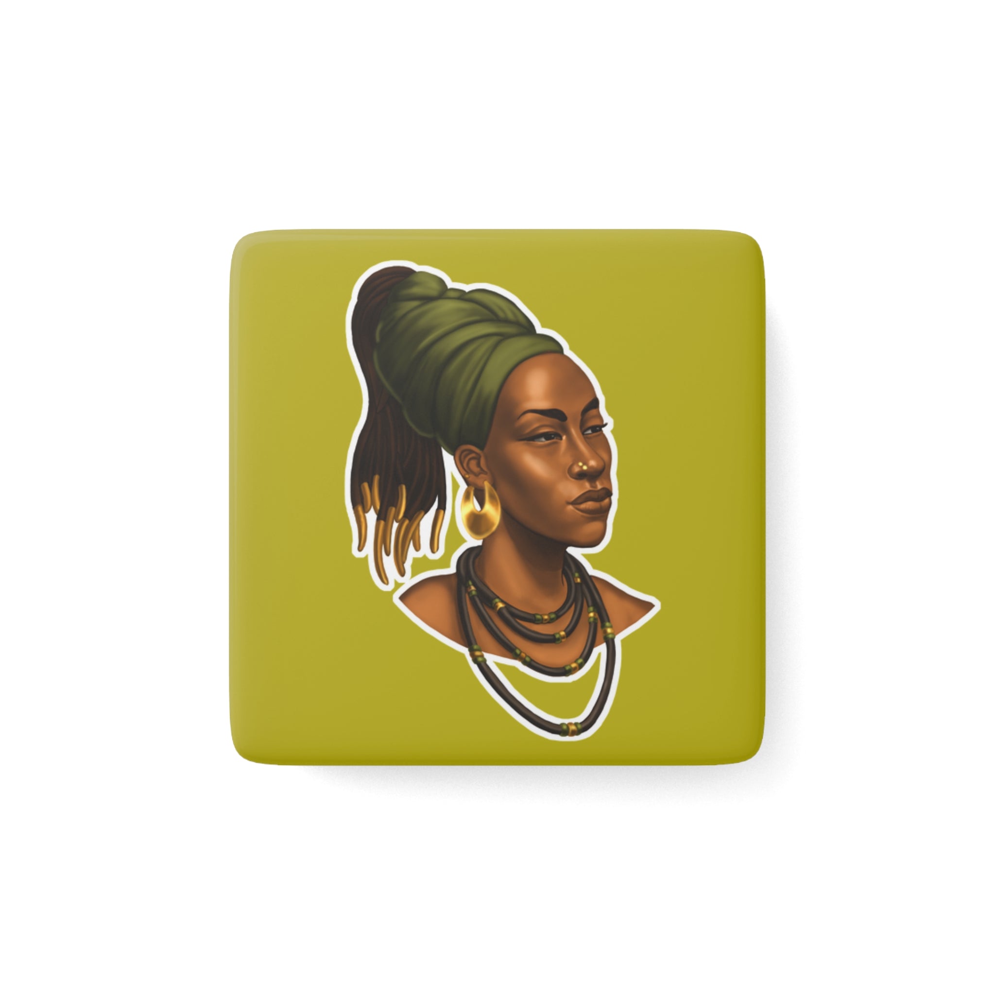 Afrocentric Portrait Porcelain Magnet - Queen with Headwrap (Square)
