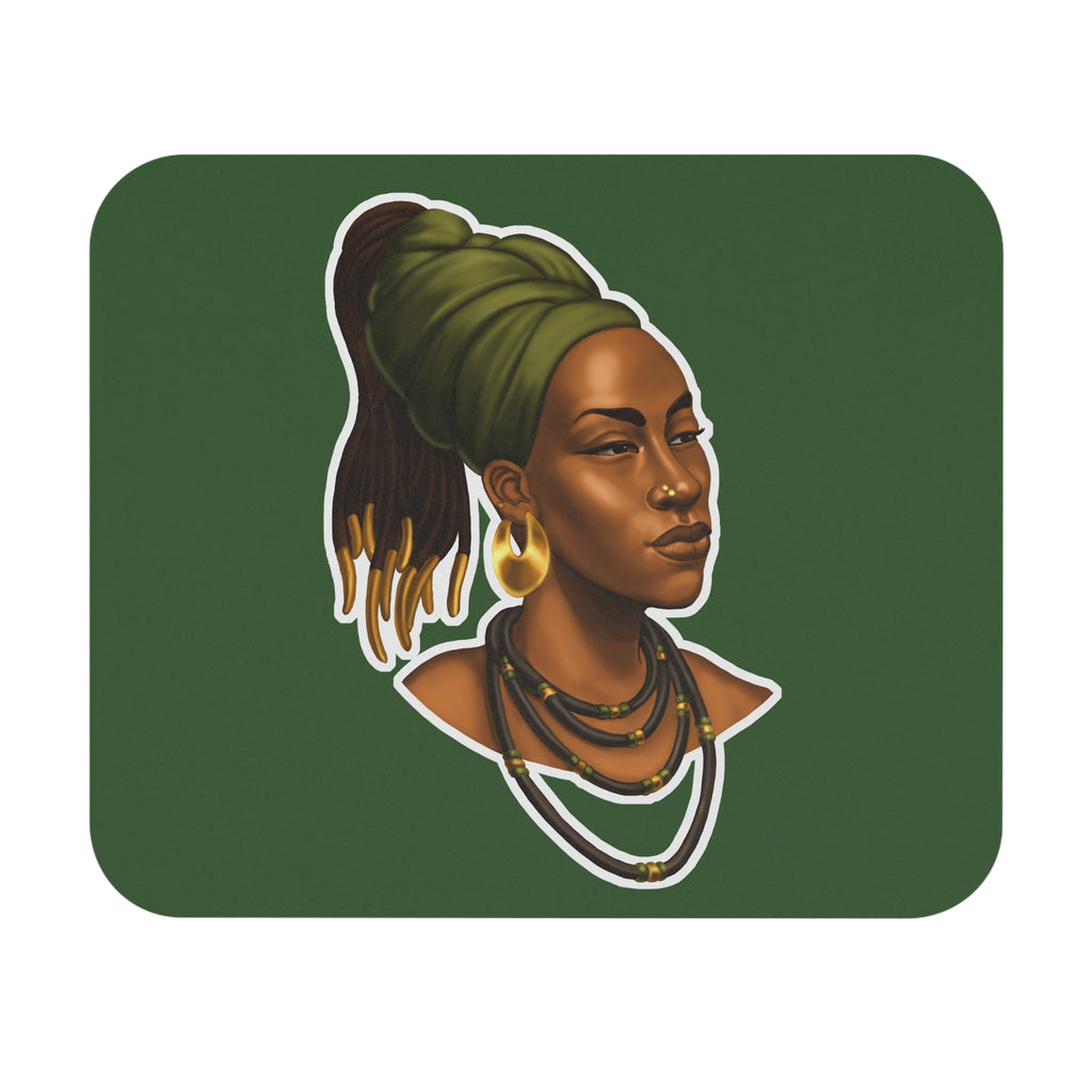 African Queen Portrait Mouse Pad — Green Desk Mat with Headwrap & Gold Jewelry