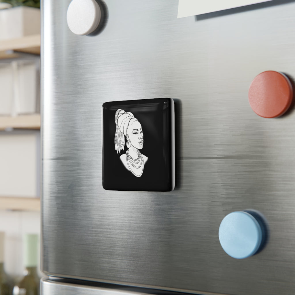 Afrocentric Portrait Porcelain Magnet — Square Black & White Decorative Fridge Magnet