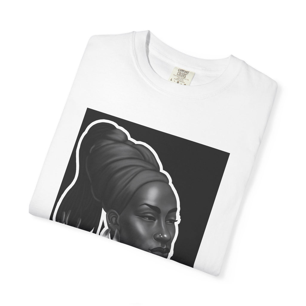 Afrocentric Portrait Tee — Elegant Black & White Woman Graphic T-Shirt