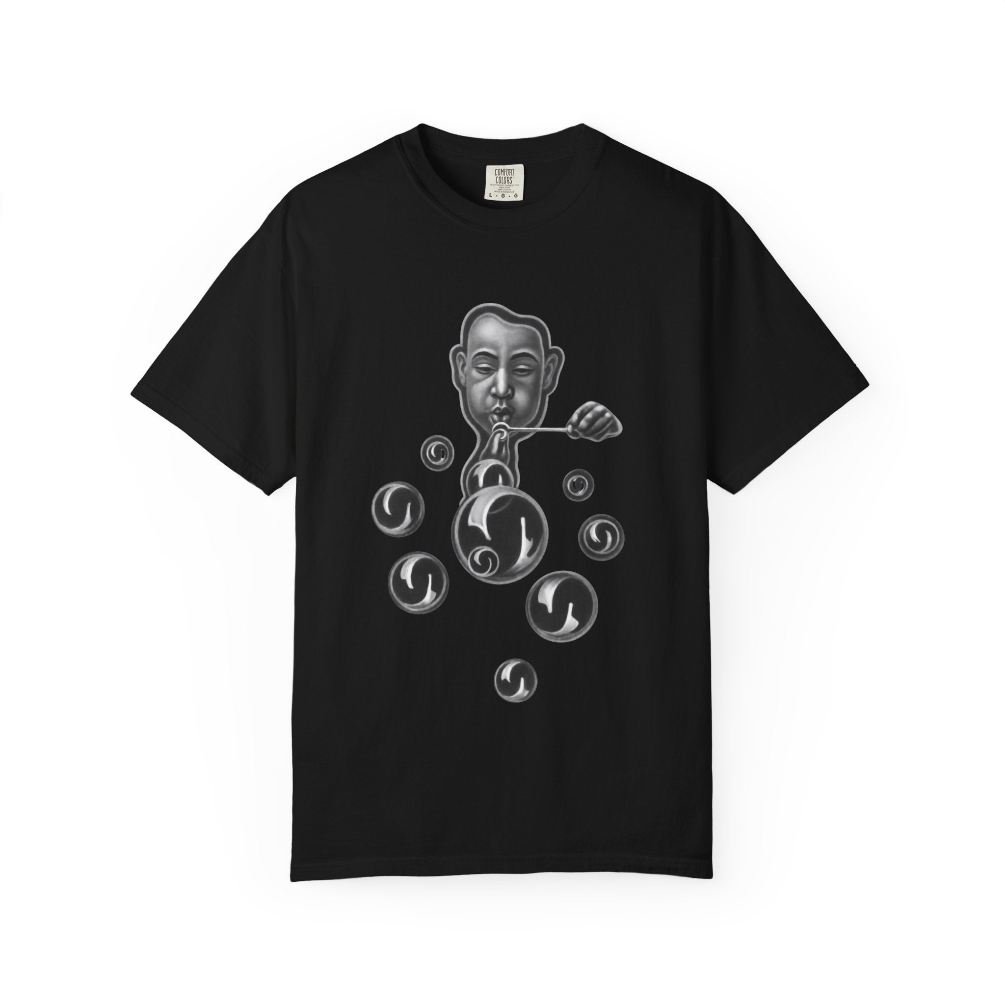 Surreal Bubble-Blower T-Shirt — Monochrome Vintage Face & Floating Orbs