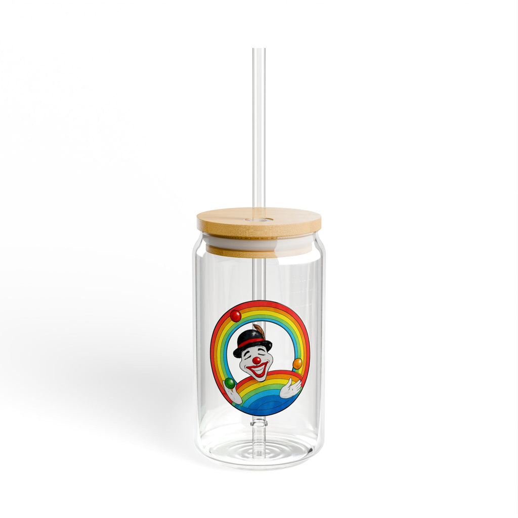 16oz Glass Sipper Cup — Rainbow Clown Design, Reusable Straw Tumbler