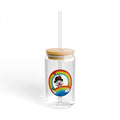 16oz Glass Sipper Cup — Rainbow Clown Design, Reusable Straw Tumbler