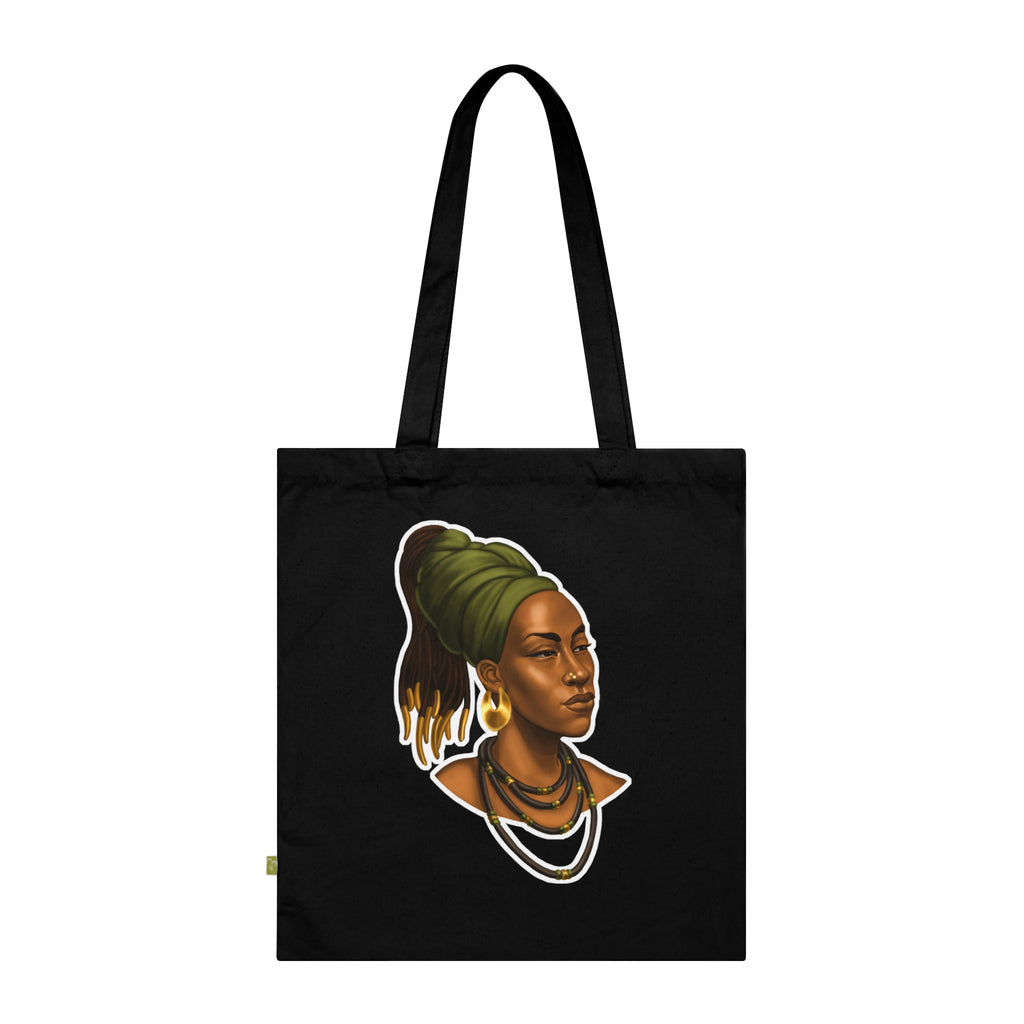 Black Organic Tote Bag with Regal Woman Portrait — Afrocentric Headwrap Design