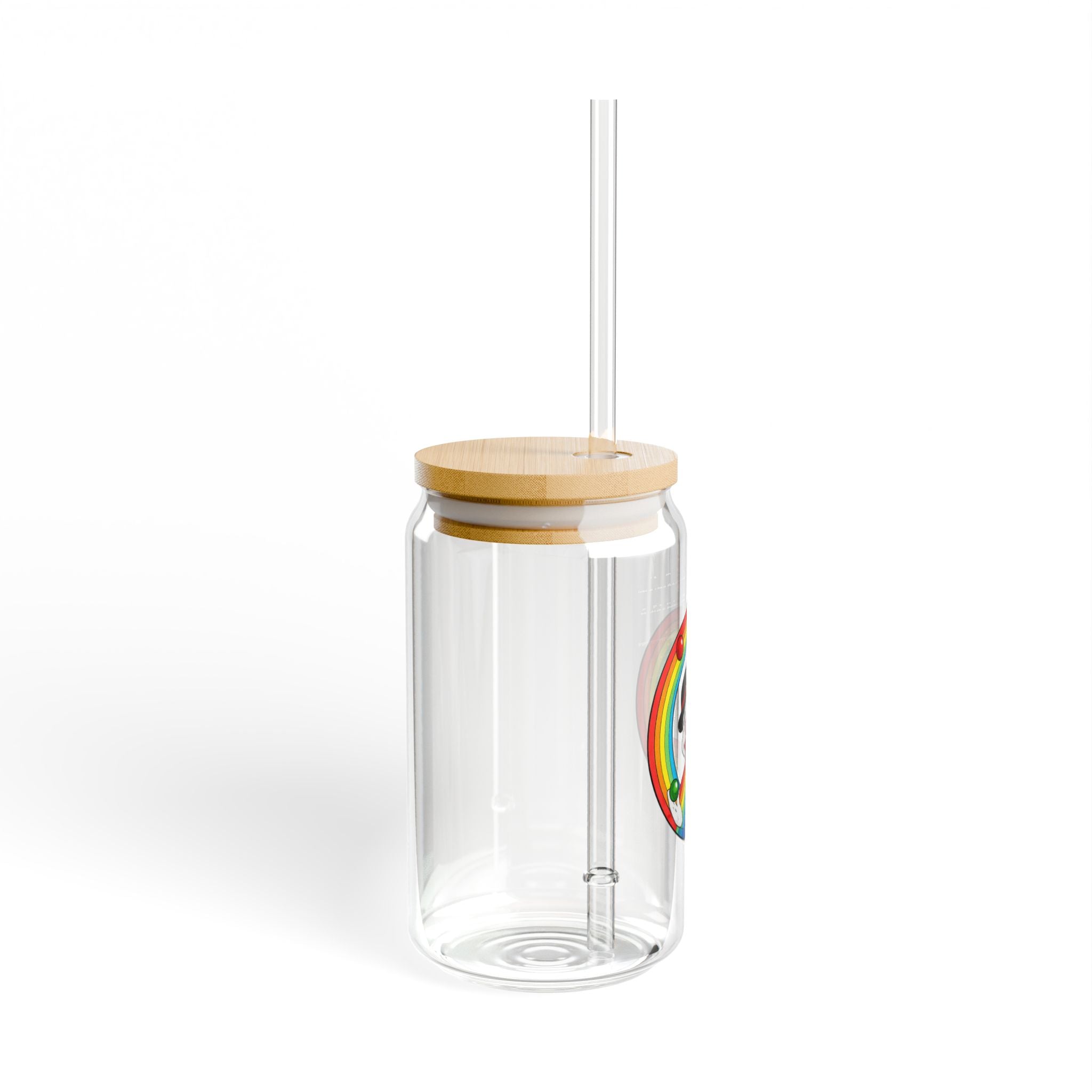 16oz Glass Sipper Cup — Rainbow Clown Design, Reusable Straw Tumbler