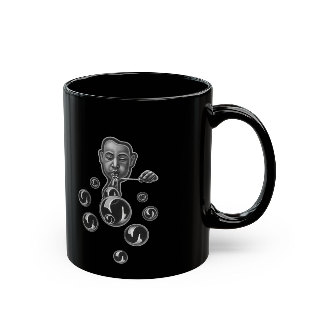 Black Ceramic Mug — Surreal Bubble-Blower Design (11oz & 15oz)