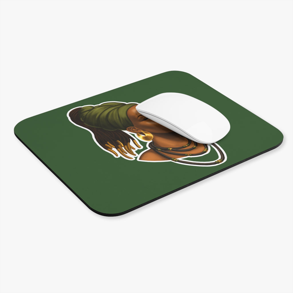 African Queen Portrait Mouse Pad — Green Desk Mat with Headwrap & Gold Jewelry