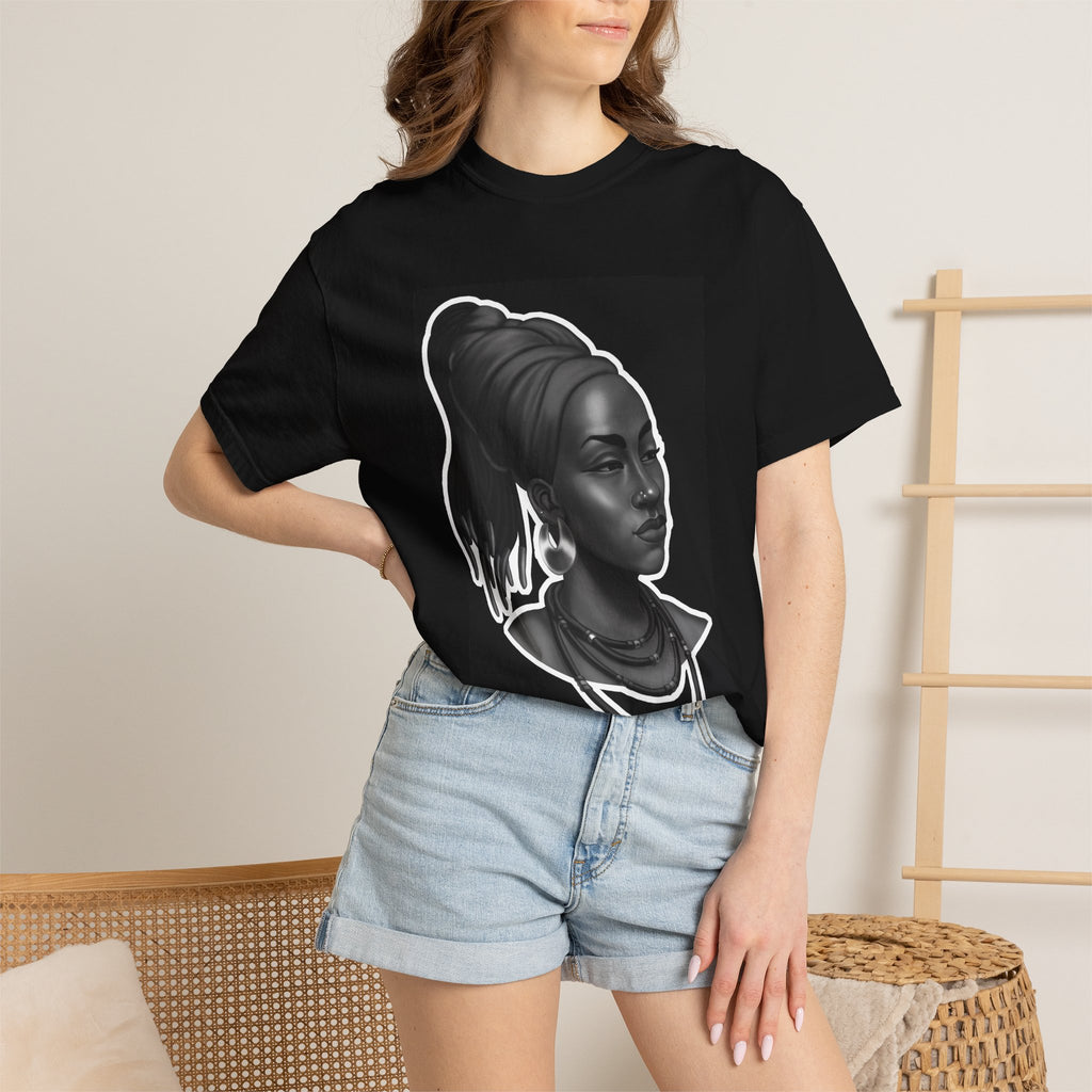 Afrocentric Portrait Tee — Elegant Black & White Woman Graphic T-Shirt