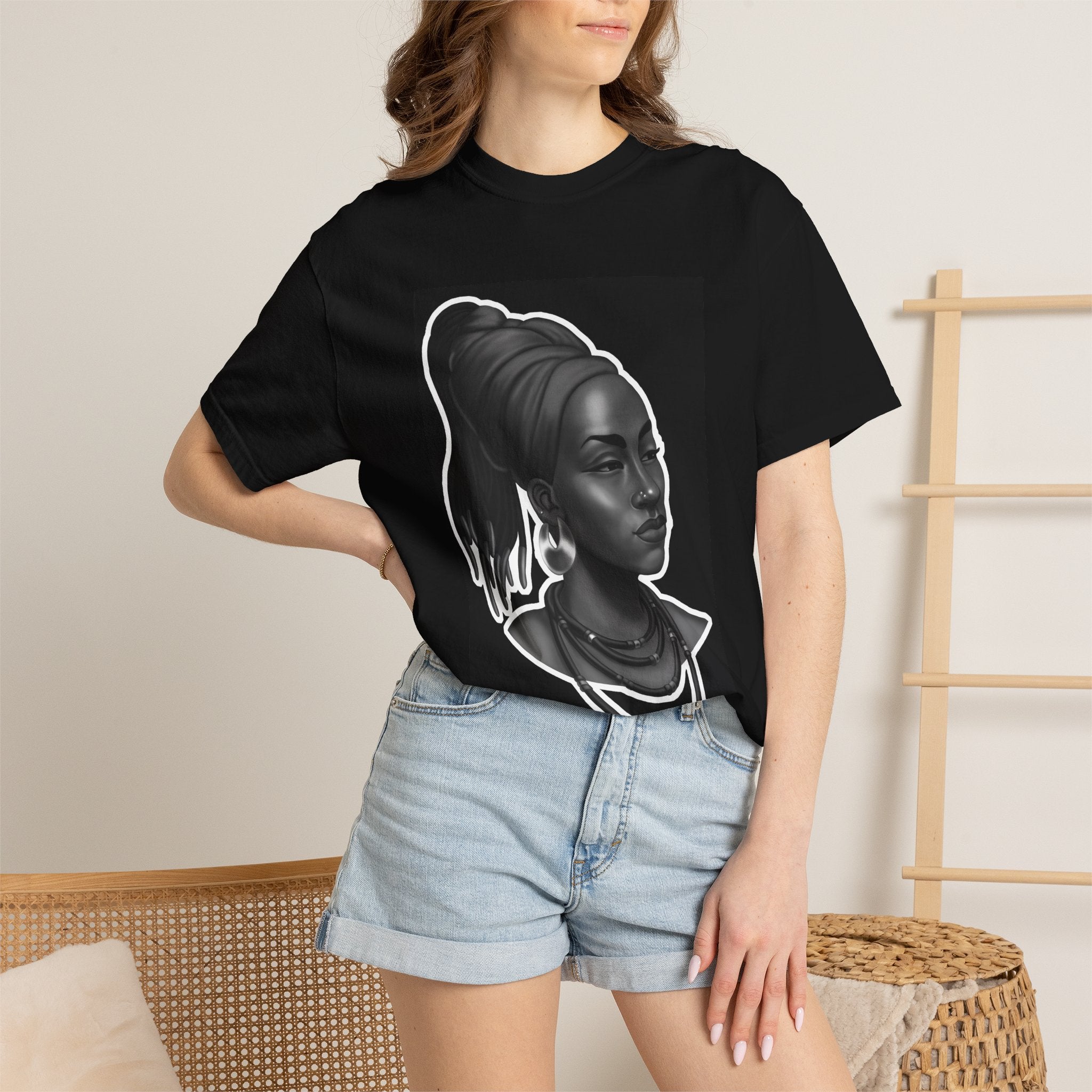 Afrocentric Portrait Tee — Elegant Black & White Woman Graphic T-Shirt