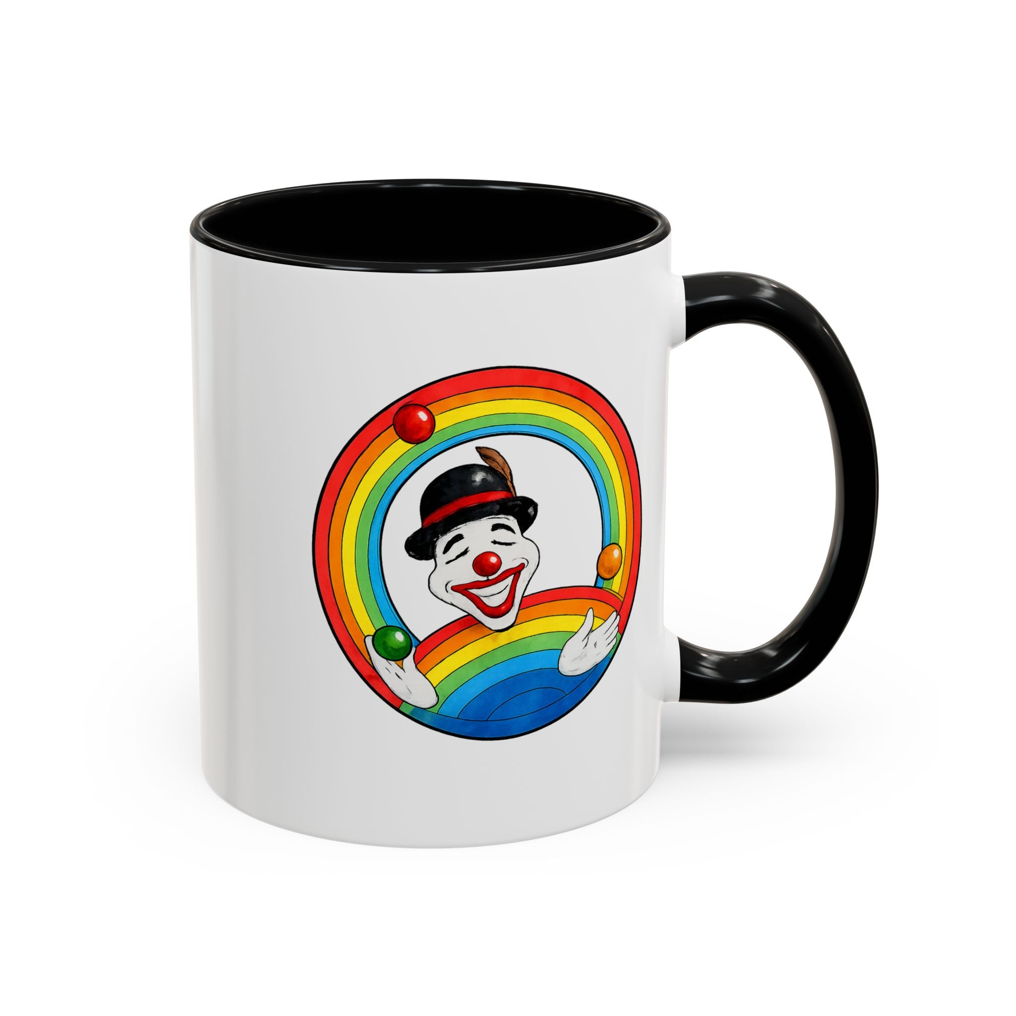 Rainbow Juggling Clown Coffee Mug — Colorful Circus Accent Mug (11/15oz)