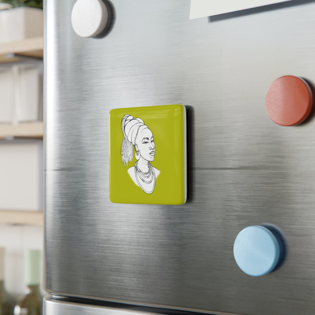 Square Porcelain Magnet — Afrocentric Line Art Portrait on Olive