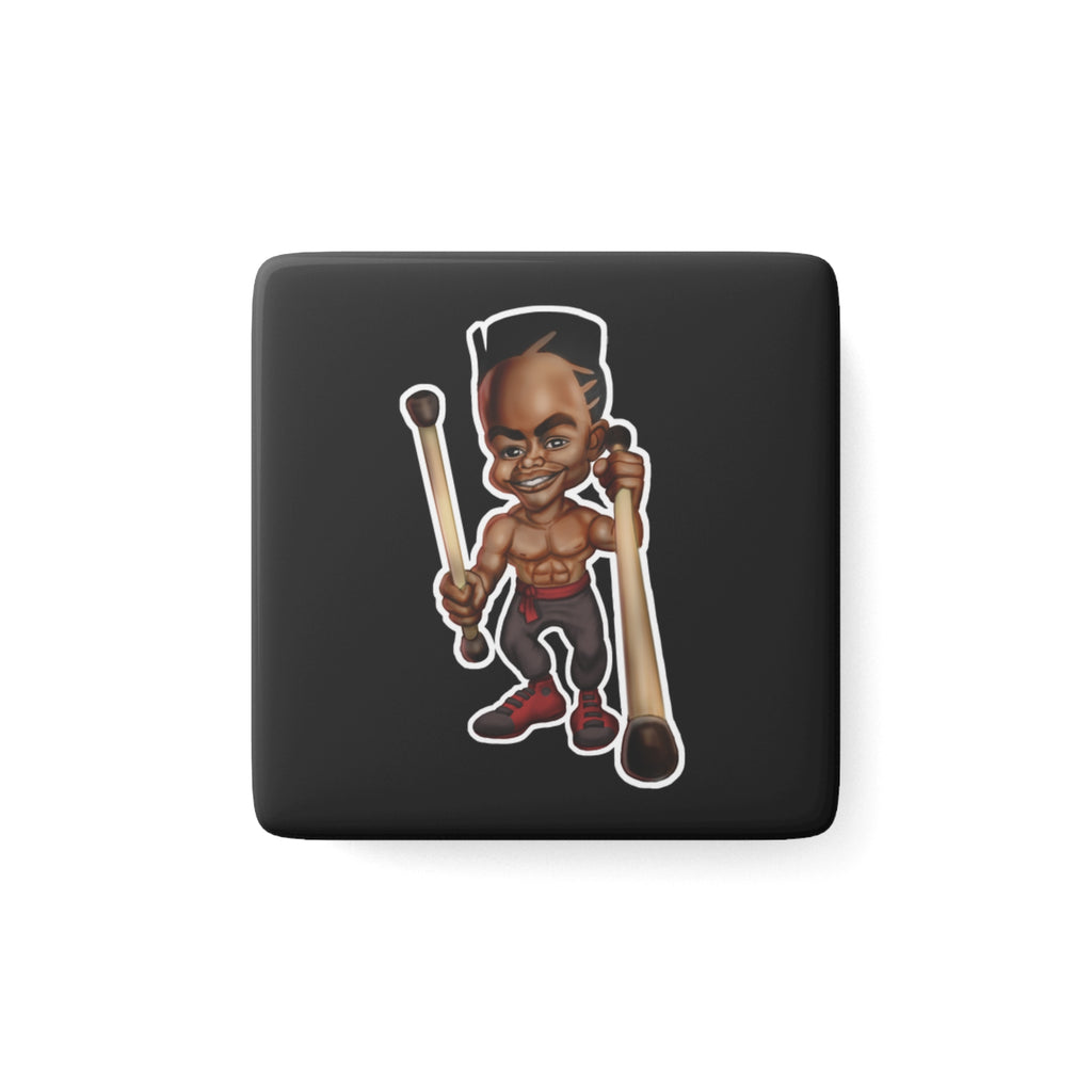 Cartoon Drummer Porcelain Square Magnet — Funky Stick-Beat Musician Design