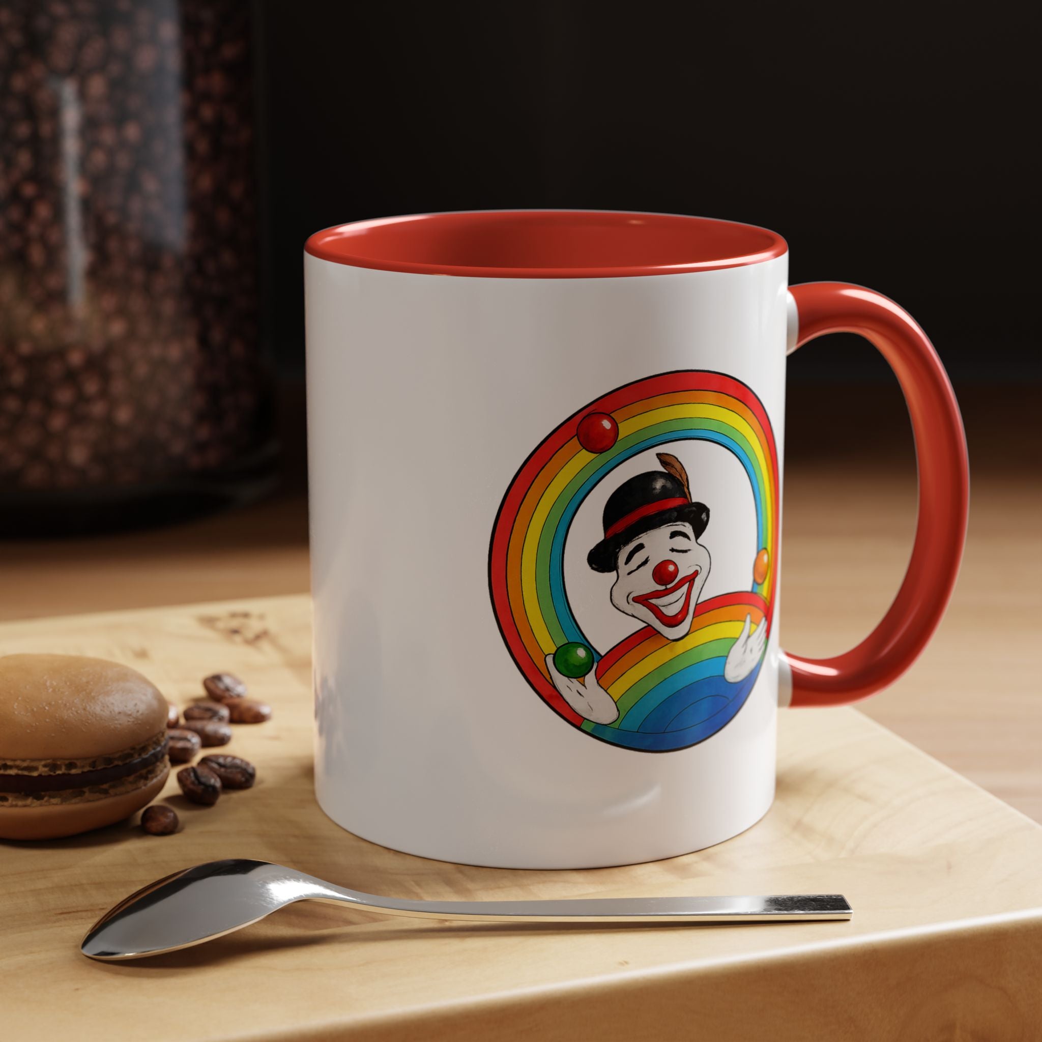 Rainbow Juggling Clown Coffee Mug — Colorful Circus Accent Mug (11/15oz)