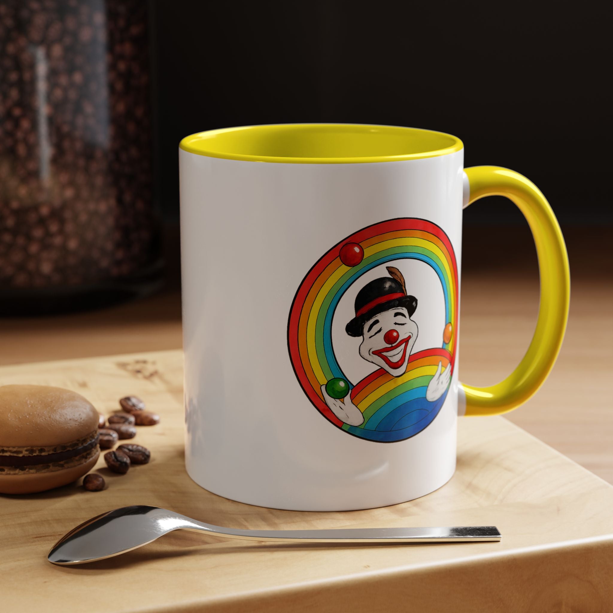 Rainbow Juggling Clown Coffee Mug — Colorful Circus Accent Mug (11/15oz)
