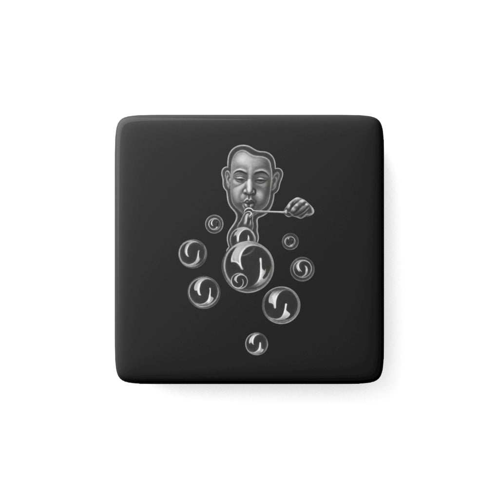 Surreal Man Blowing Bubbles Porcelain Magnet — Monochrome Vintage Illustration