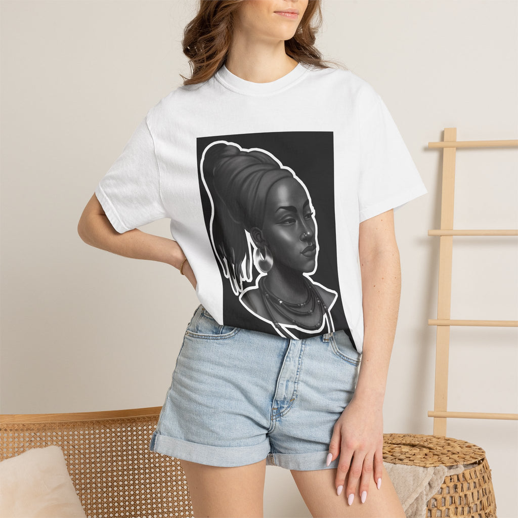Afrocentric Portrait Tee — Elegant Black & White Woman Graphic T-Shirt