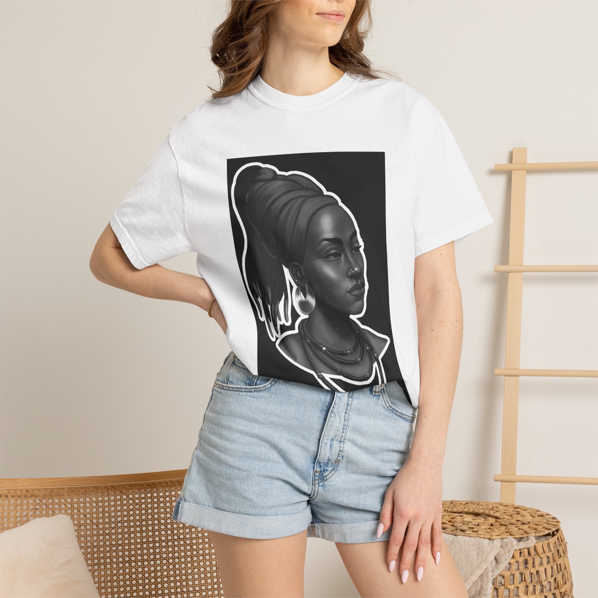 Afrocentric Portrait Tee — Elegant Black & White Woman Graphic T-Shirt
