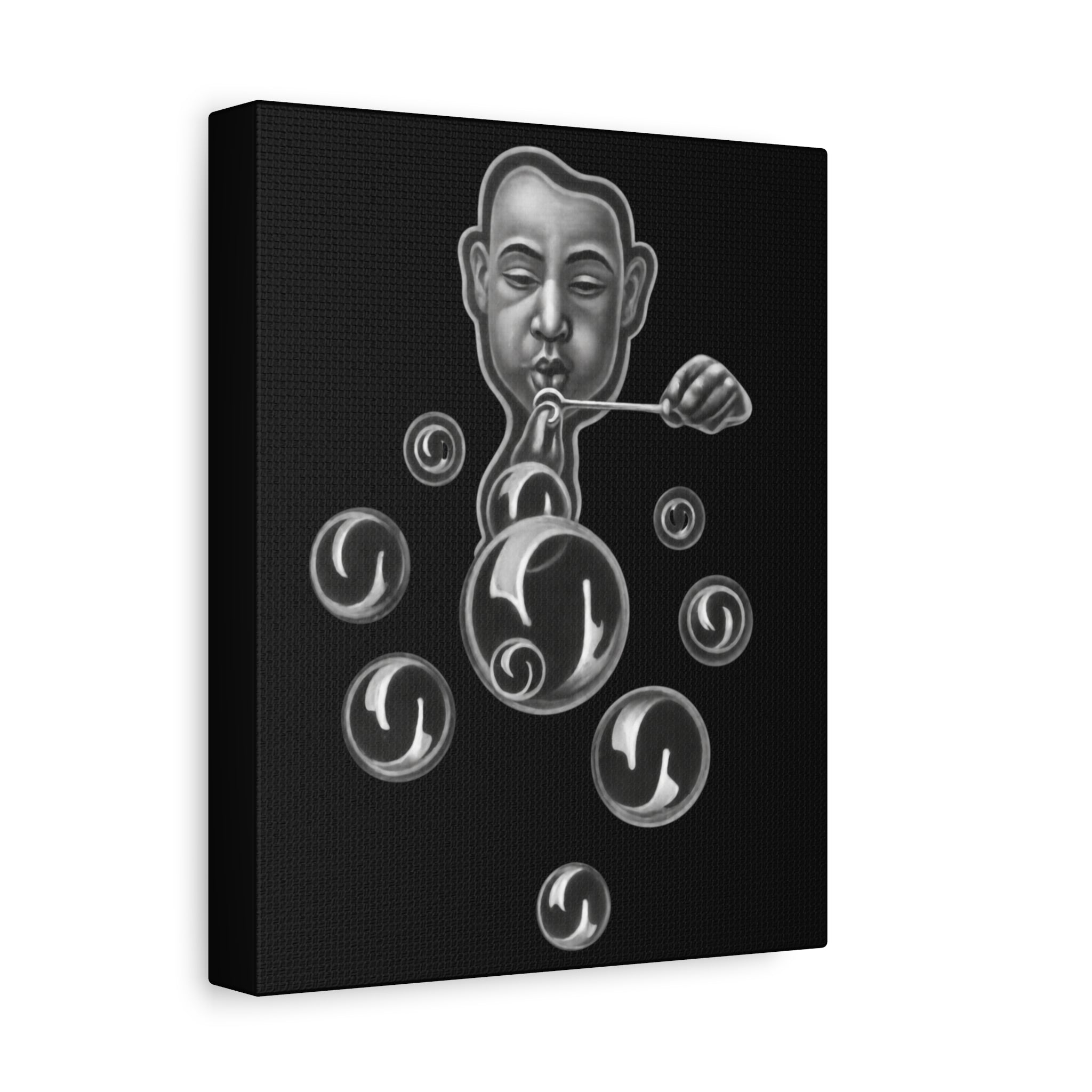 Surreal Bubble-Blower Matte Canvas Wall Art — Monochrome Pop Surrealism
