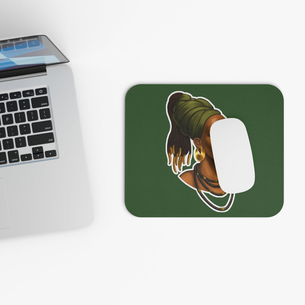 African Queen Portrait Mouse Pad — Green Desk Mat with Headwrap & Gold Jewelry