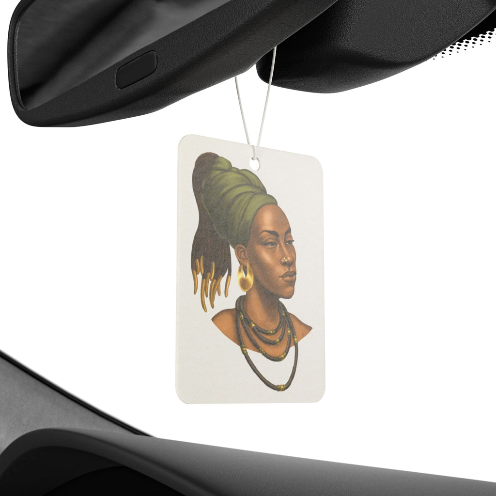 Afrocentric Goddess Car Air Freshener — Earthy Green Headwrap Portrait