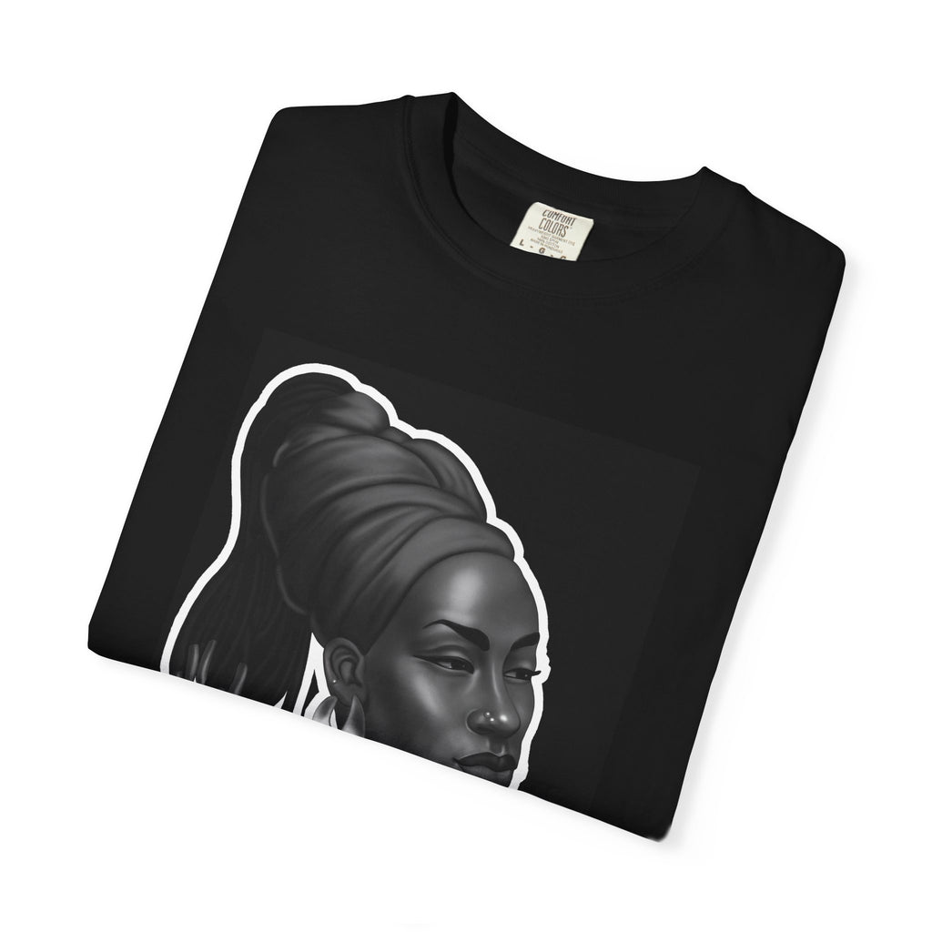 Afrocentric Portrait Tee — Elegant Black & White Woman Graphic T-Shirt