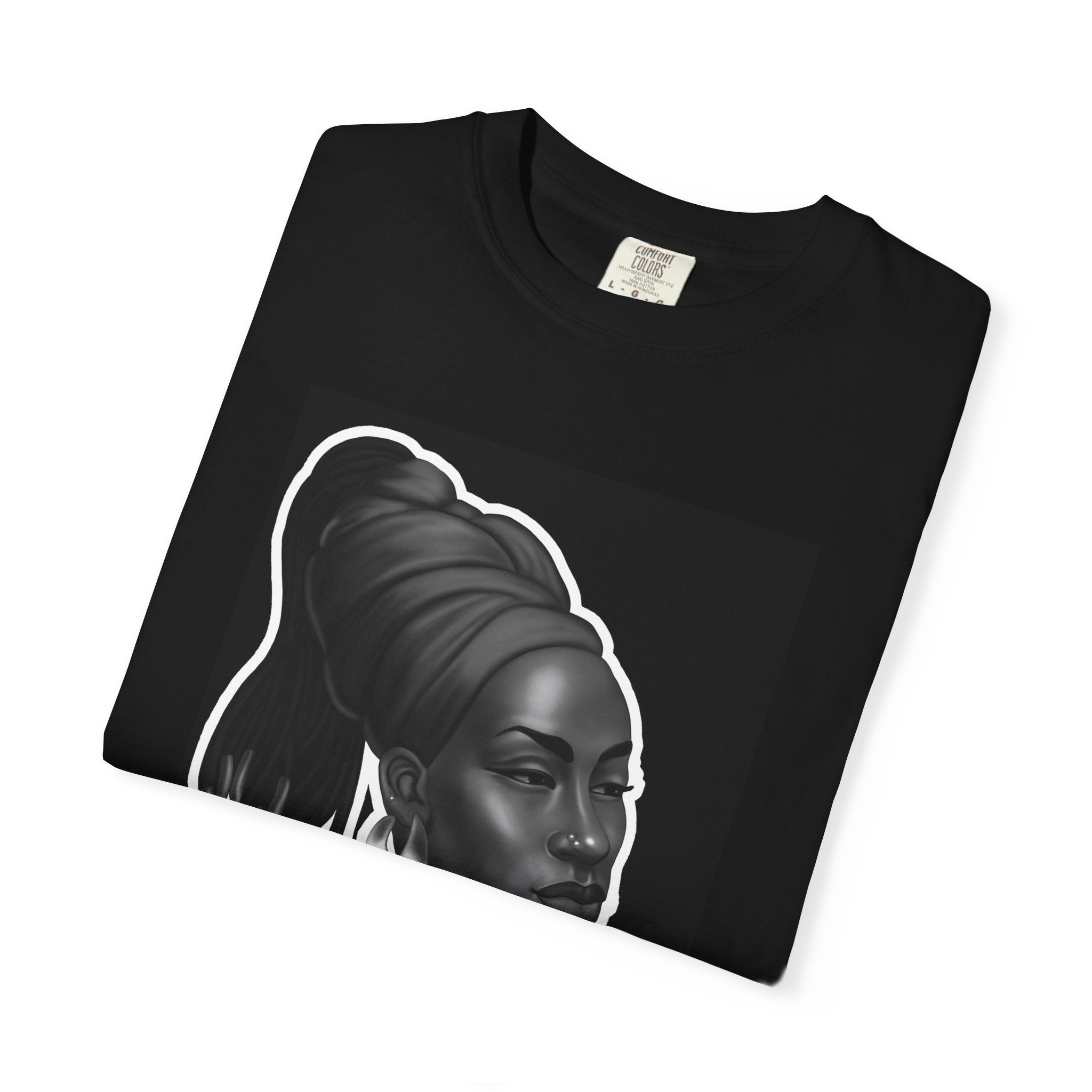 Afrocentric Portrait Tee — Elegant Black & White Woman Graphic T-Shirt