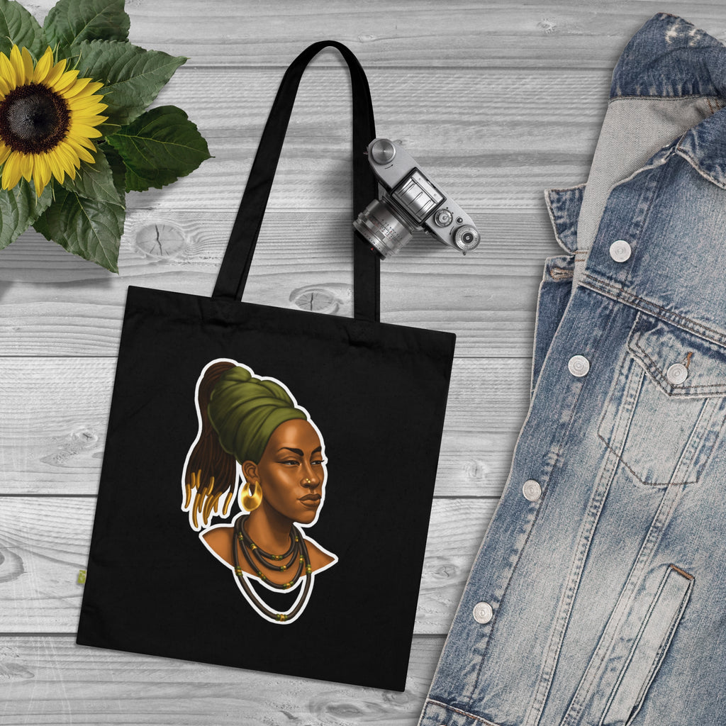 Black Organic Tote Bag with Regal Woman Portrait — Afrocentric Headwrap Design