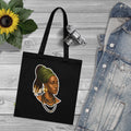 Black Organic Tote Bag with Regal Woman Portrait — Afrocentric Headwrap Design