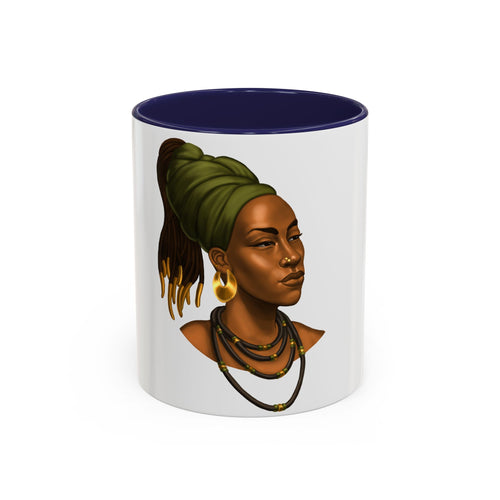 African Queen Portrait Accent Coffee Mug — Bold Black-Handled Ceramic Mug