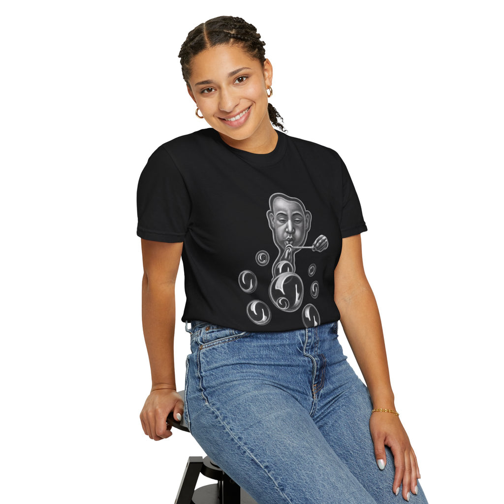 Surreal Bubble-Blower T-Shirt — Monochrome Vintage Face & Floating Orbs