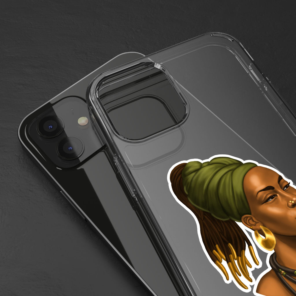 Clear Phone Case — Afrocentric Woman Sticker Design, Headwrap & Gold Jewelry