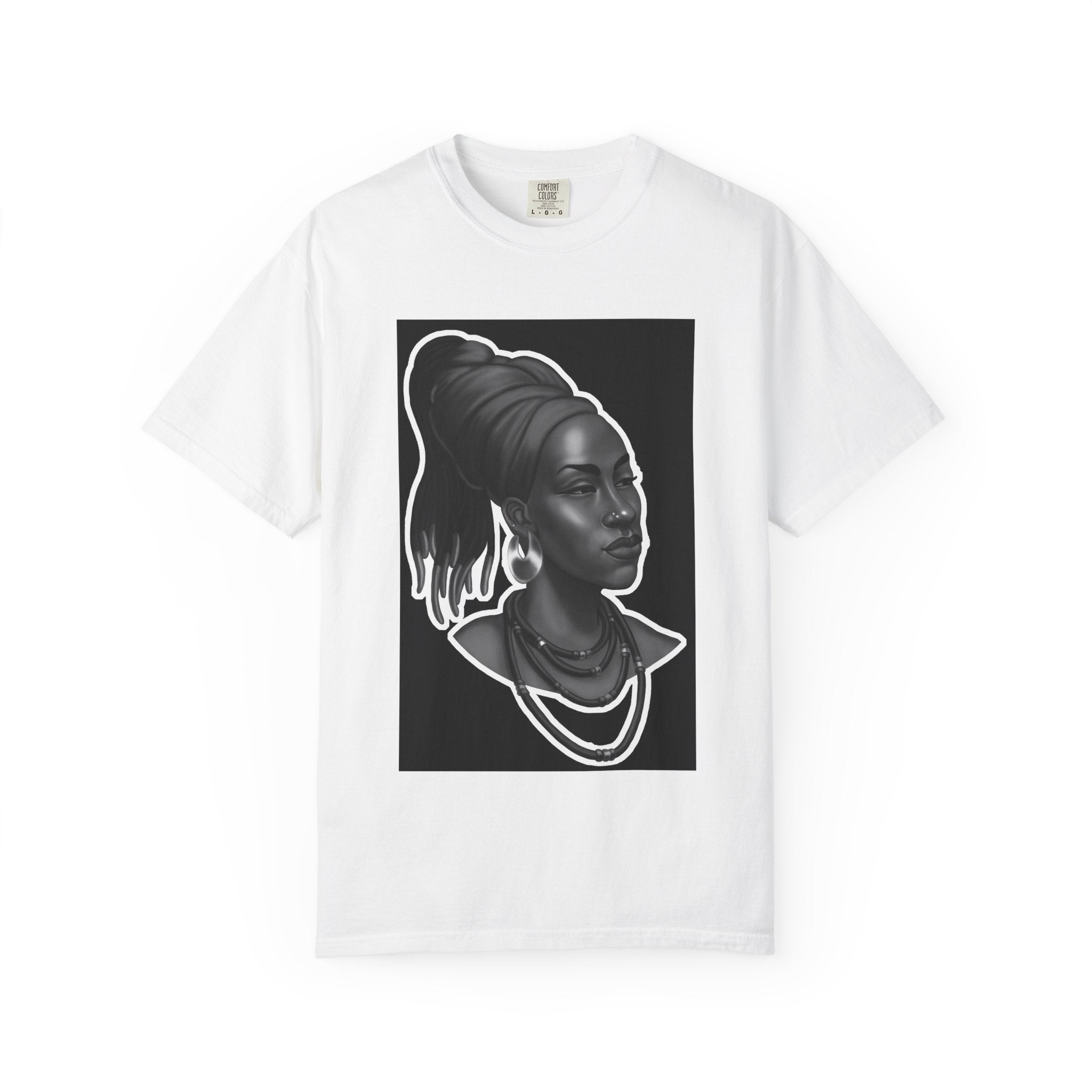 Afrocentric Portrait Tee — Elegant Black & White Woman Graphic T-Shirt
