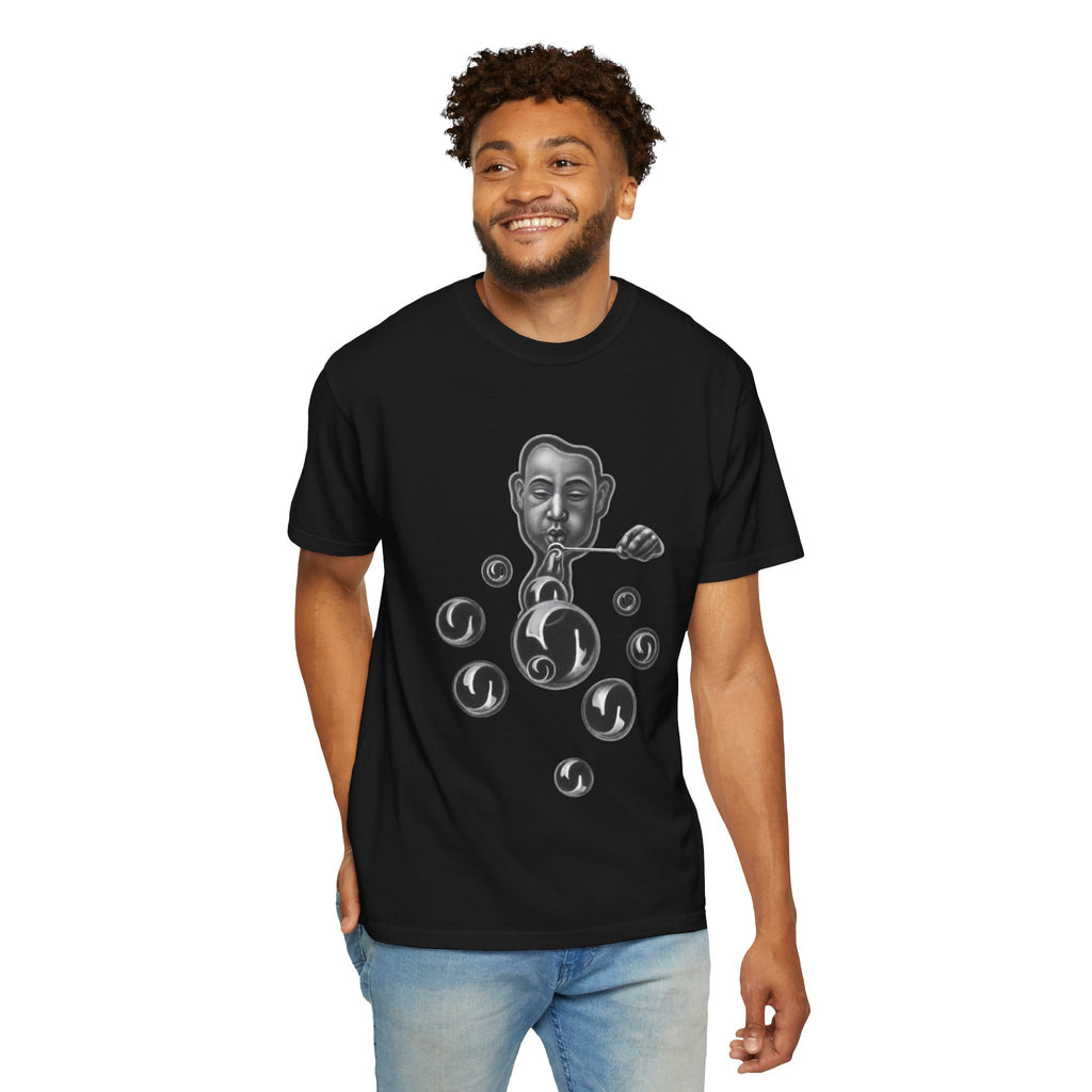 Surreal Bubble-Blower T-Shirt — Monochrome Vintage Face & Floating Orbs