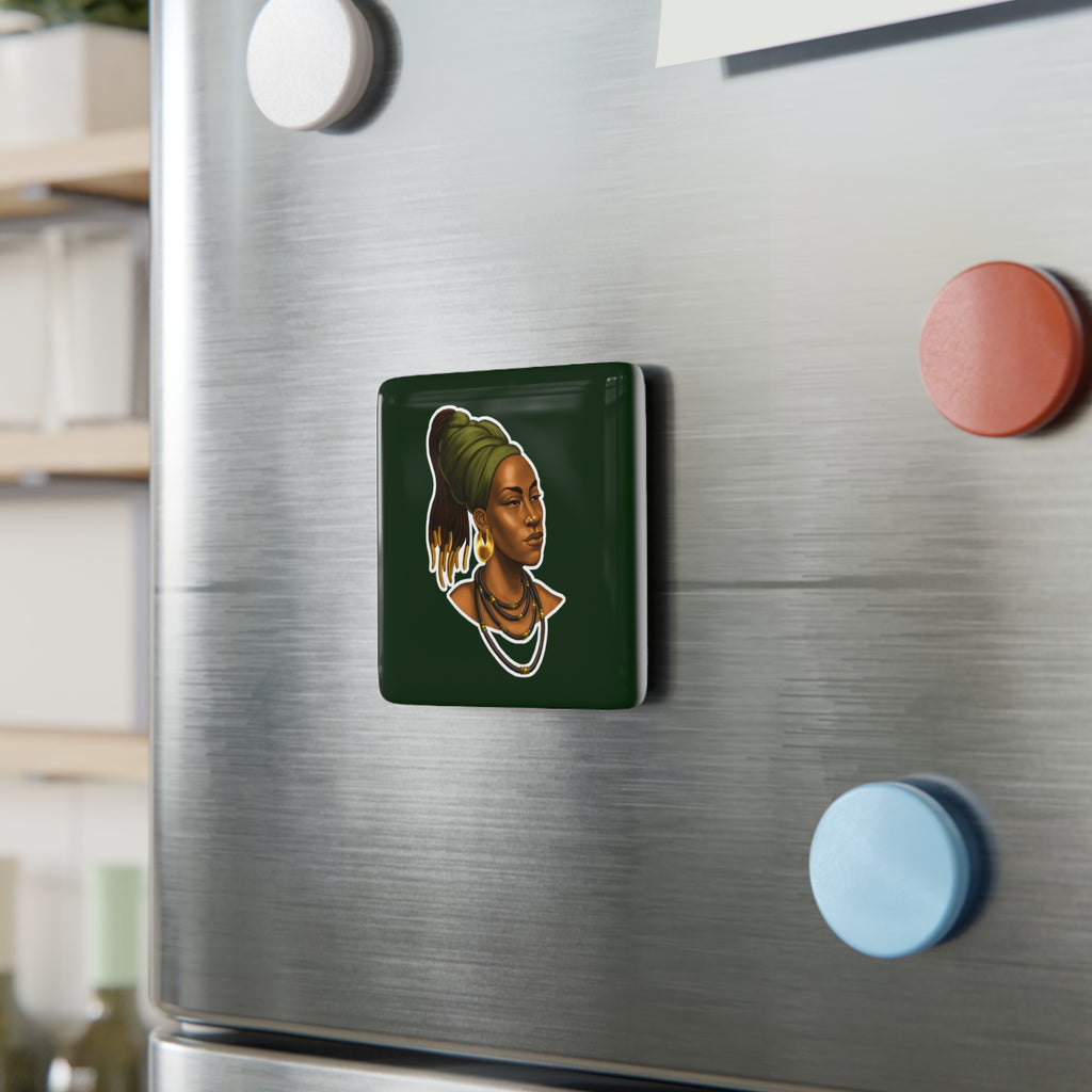 Afrocentric Portrait Porcelain Square Magnet – Regal Woman with Headwrap