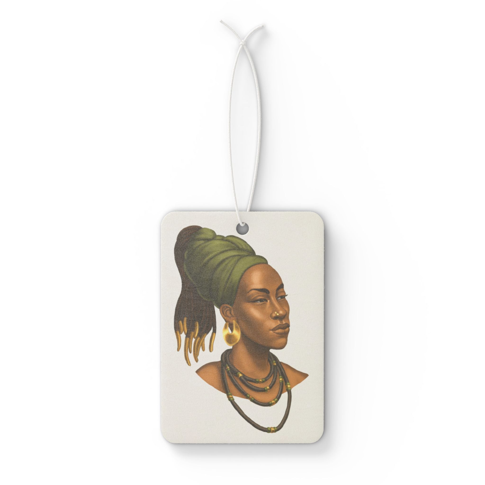 Afrocentric Goddess Car Air Freshener — Earthy Green Headwrap Portrait
