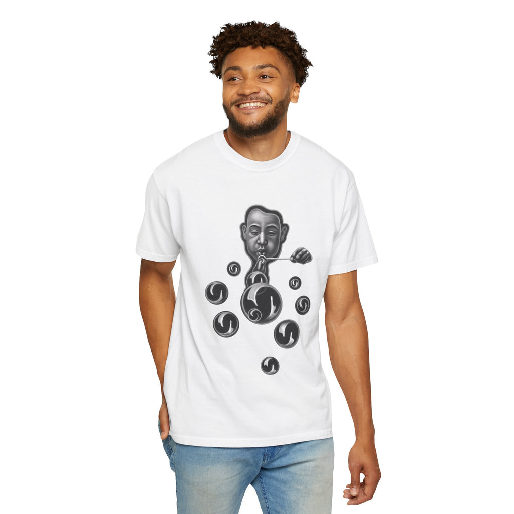 Surreal Bubble-Blower T-Shirt — Monochrome Vintage Face & Floating Orbs