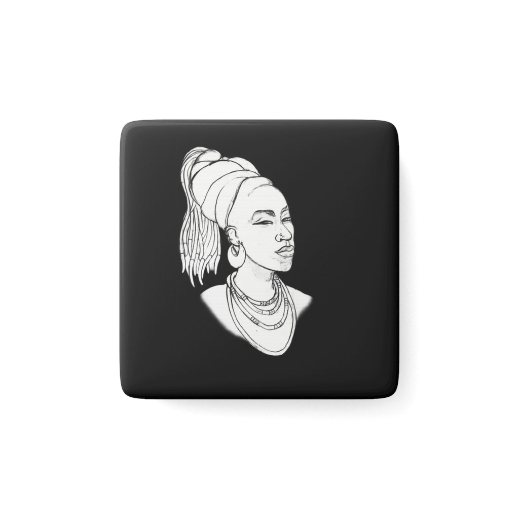 Afrocentric Portrait Porcelain Magnet — Square Black & White Decorative Fridge Magnet