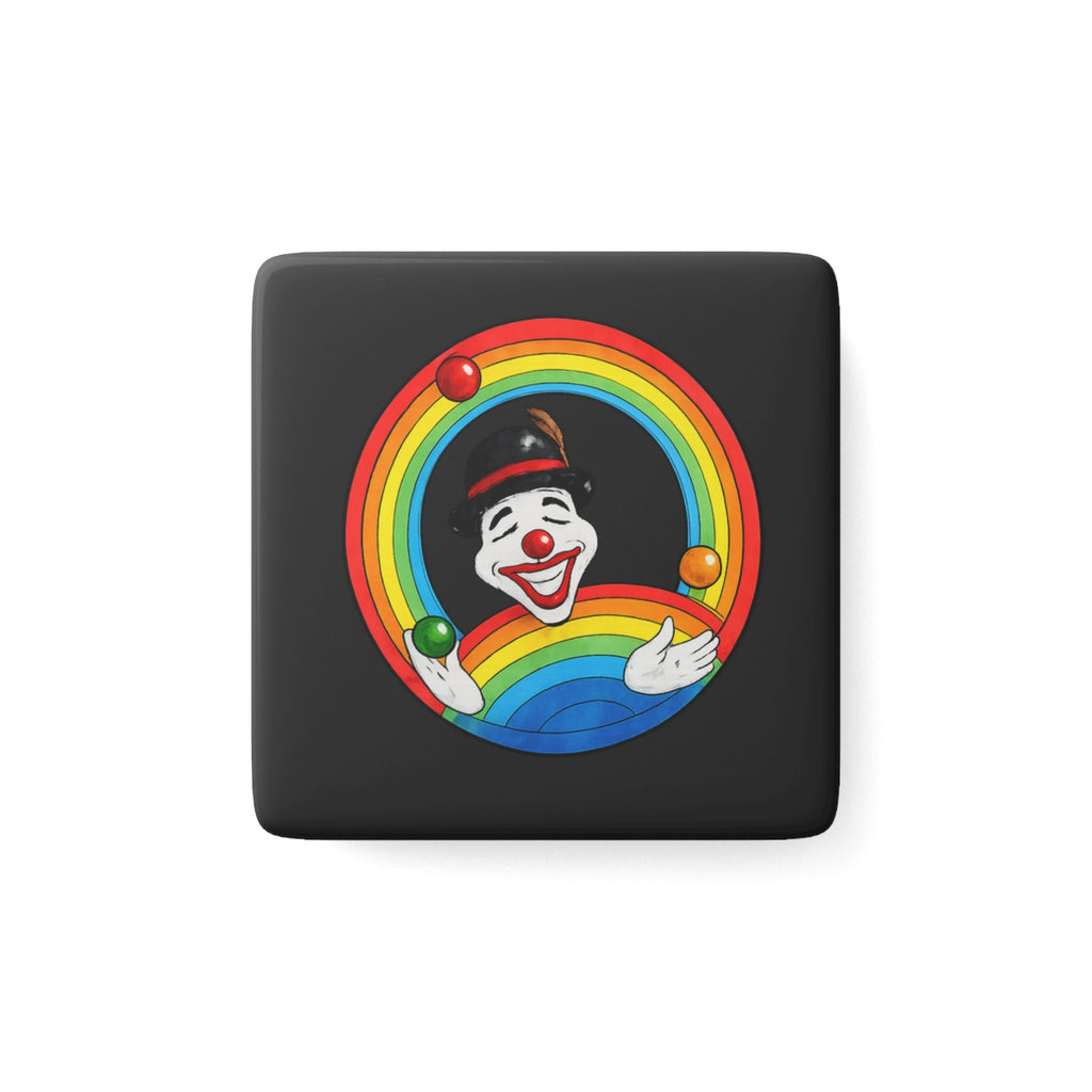 Clown Rainbow Porcelain Square Magnet — Retro Juggling Clown Fridge Magnet