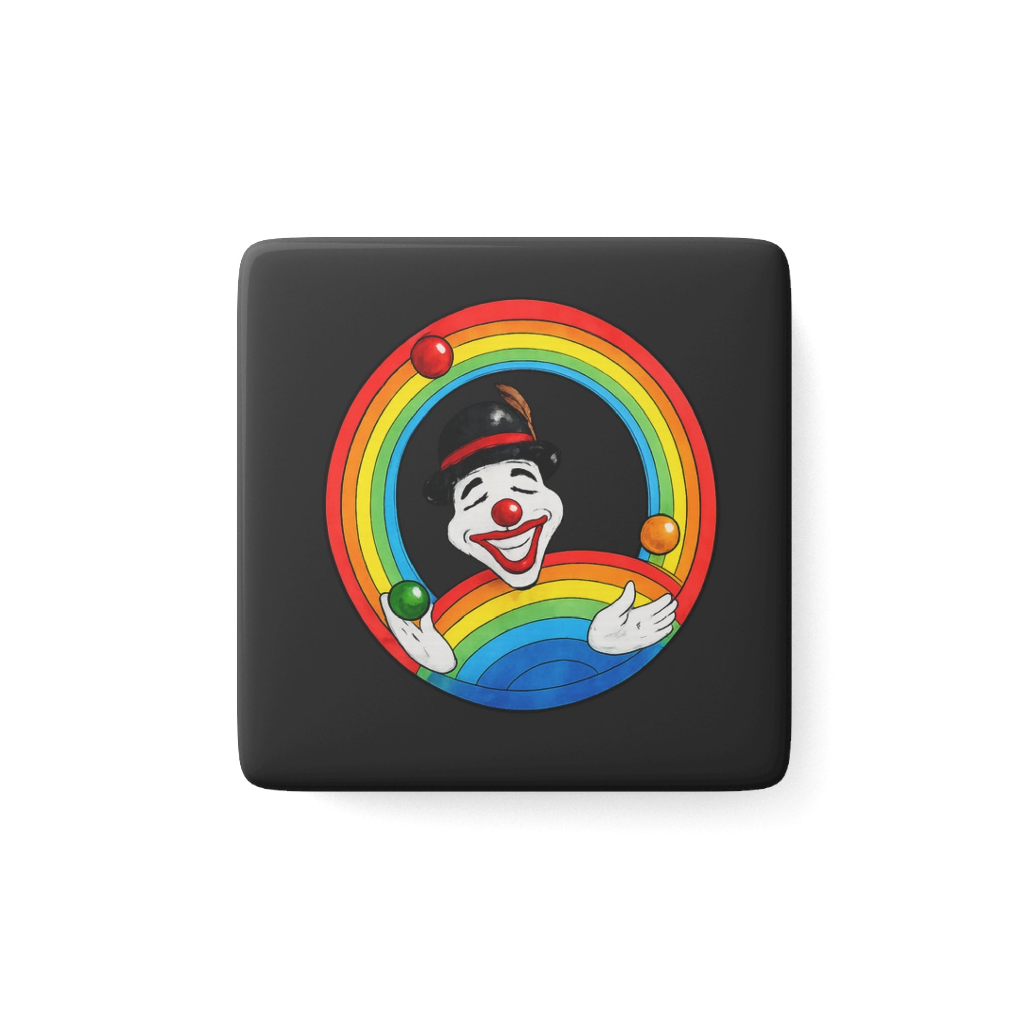 Clown Rainbow Porcelain Square Magnet — Retro Juggling Clown Fridge Magnet