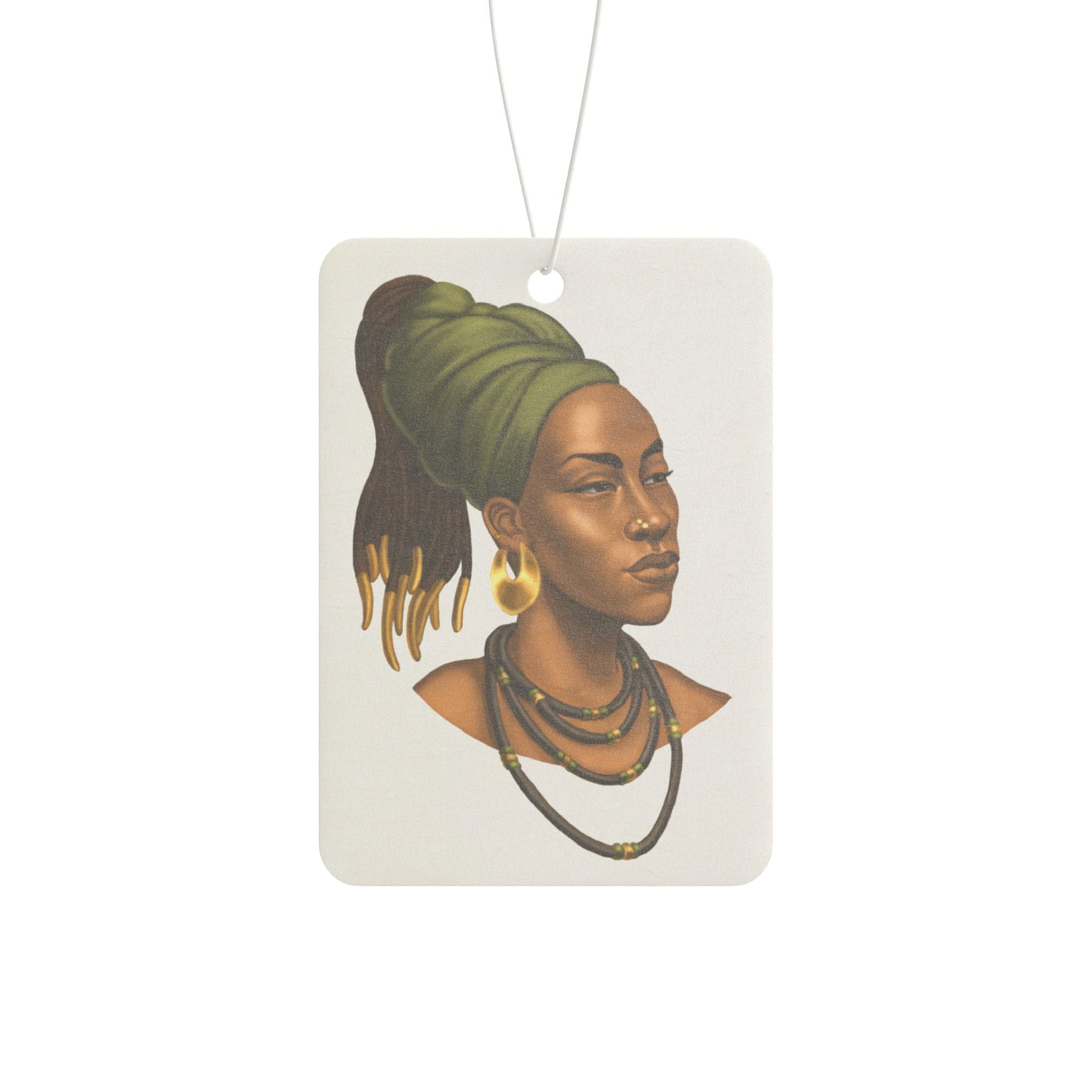 Afrocentric Goddess Car Air Freshener — Earthy Green Headwrap Portrait