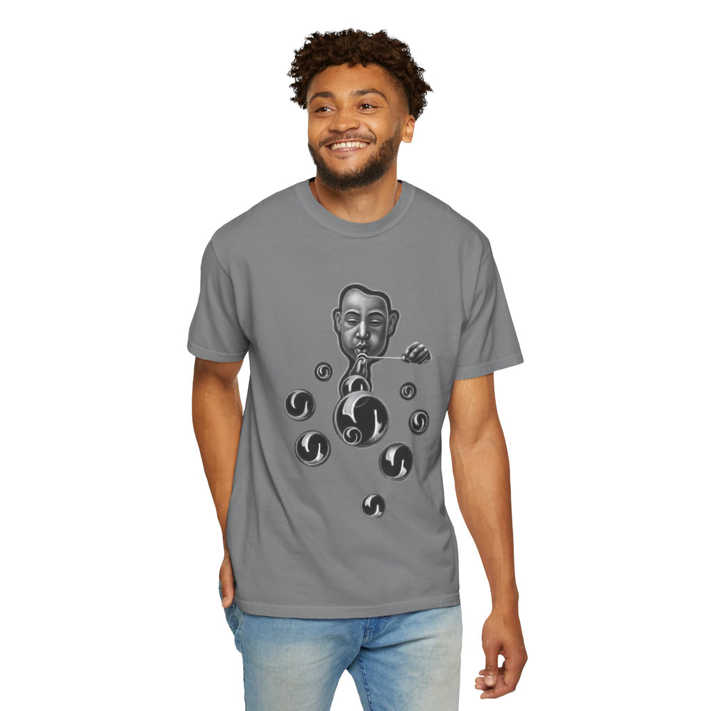Surreal Bubble-Blower T-Shirt — Monochrome Vintage Face & Floating Orbs