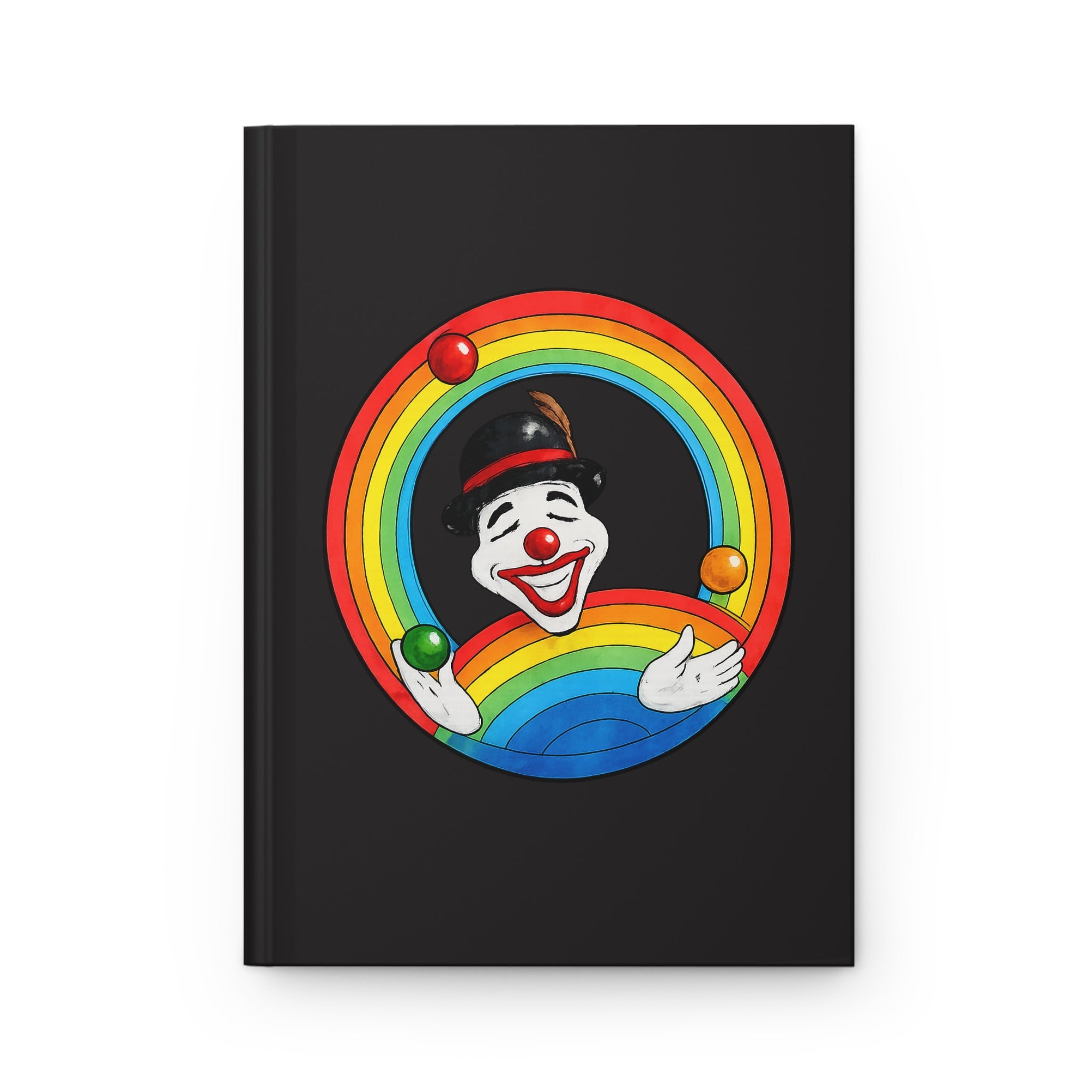 Clown Juggling Rainbow Hardcover Journal — Matte Black Notebook for Notes & Sketches