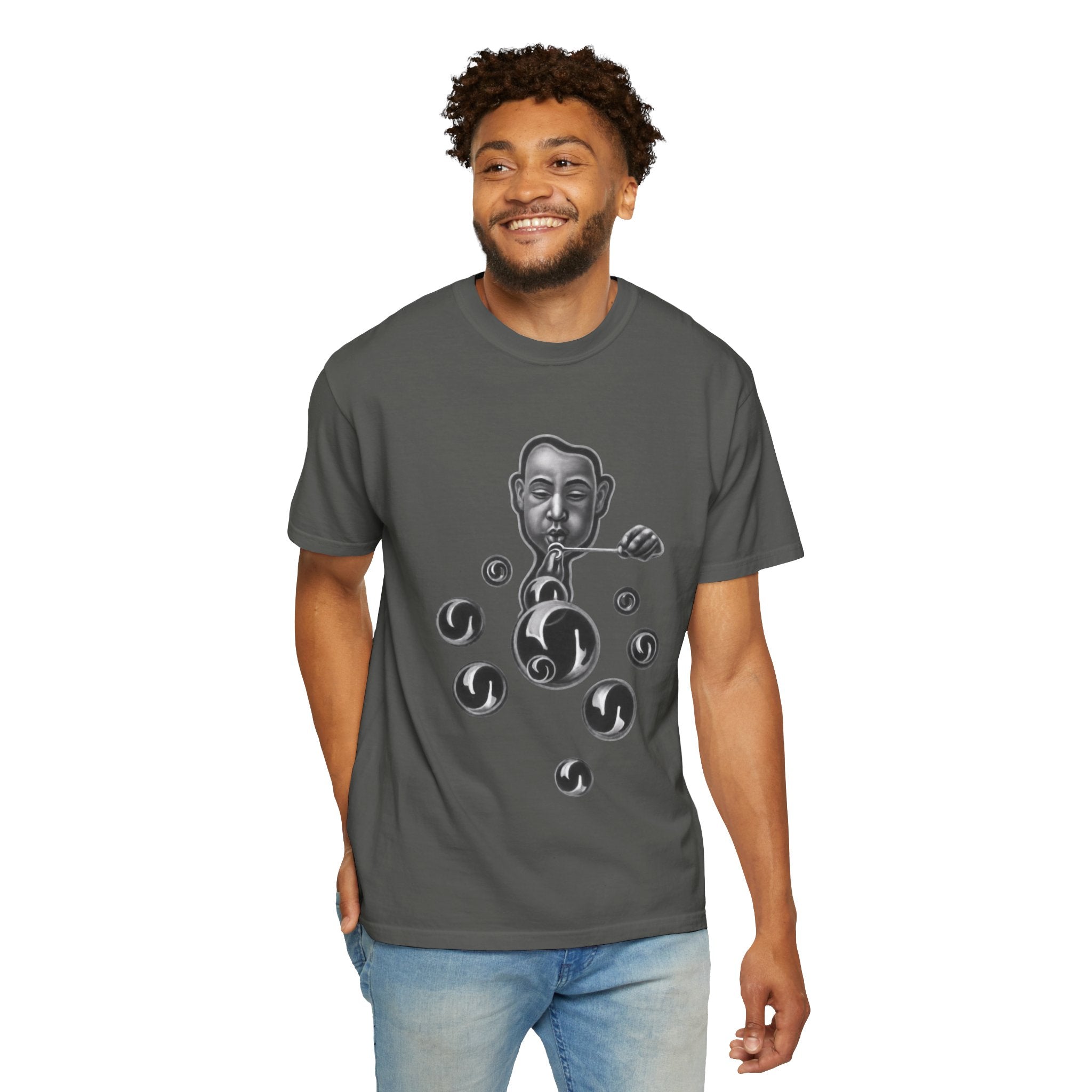 Surreal Bubble-Blower T-Shirt — Monochrome Vintage Face & Floating Orbs