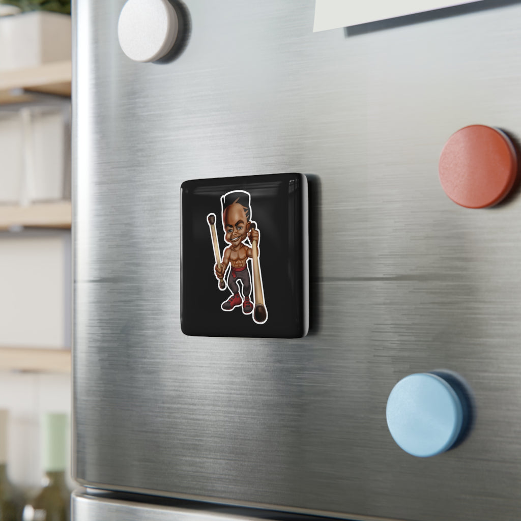 Cartoon Drummer Porcelain Square Magnet — Funky Stick-Beat Musician Design
