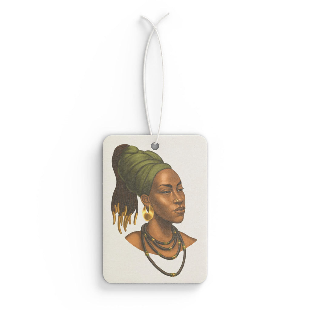 Afrocentric Goddess Car Air Freshener — Earthy Green Headwrap Portrait