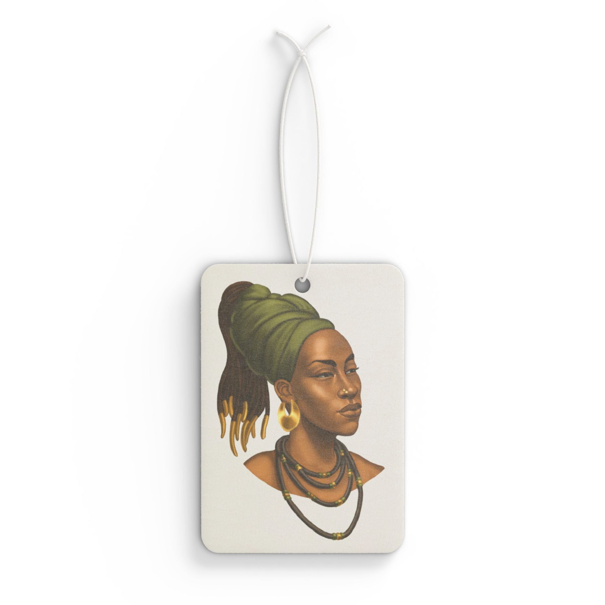 Afrocentric Goddess Car Air Freshener — Earthy Green Headwrap Portrait