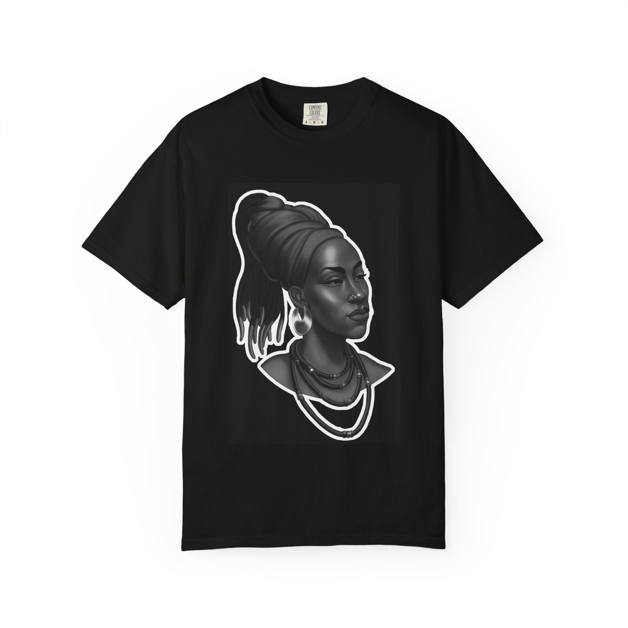 Afrocentric Portrait Tee — Elegant Black & White Woman Graphic T-Shirt