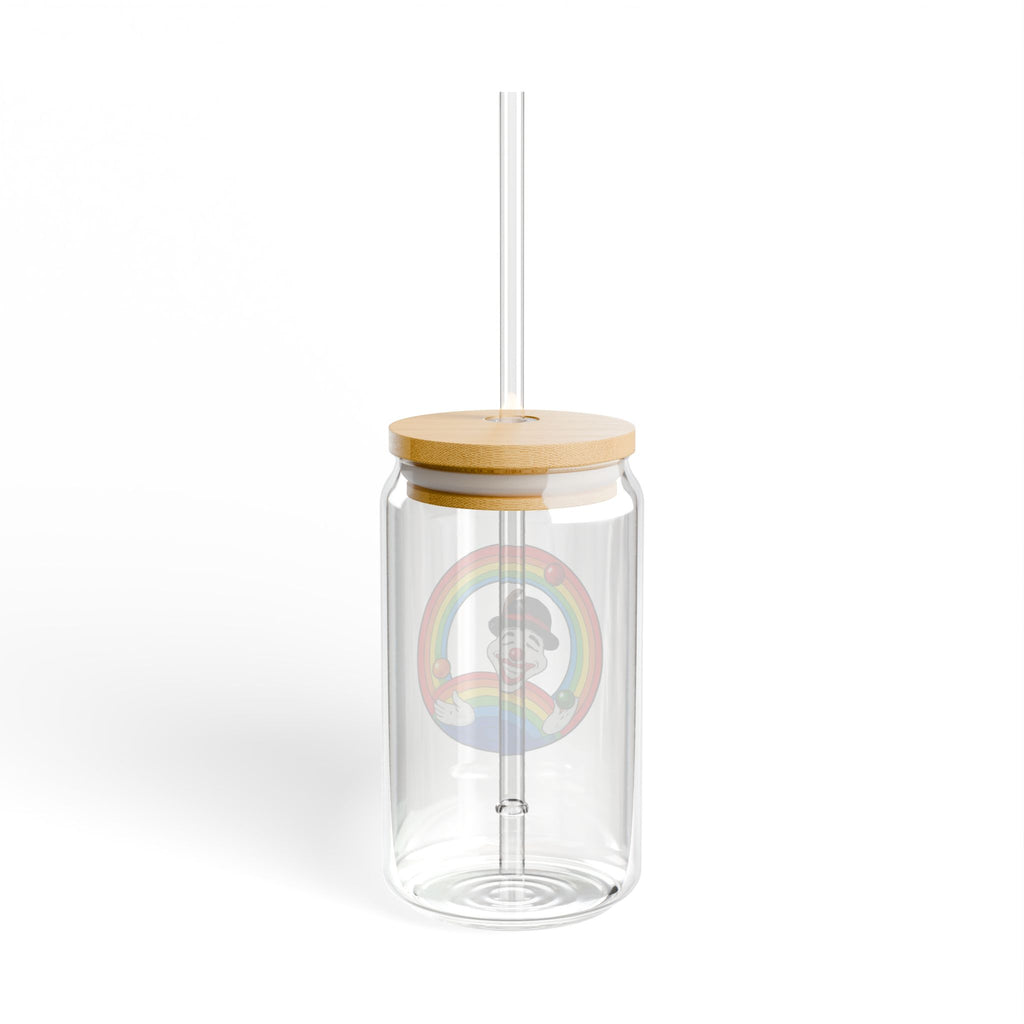 16oz Glass Sipper Cup — Rainbow Clown Design, Reusable Straw Tumbler