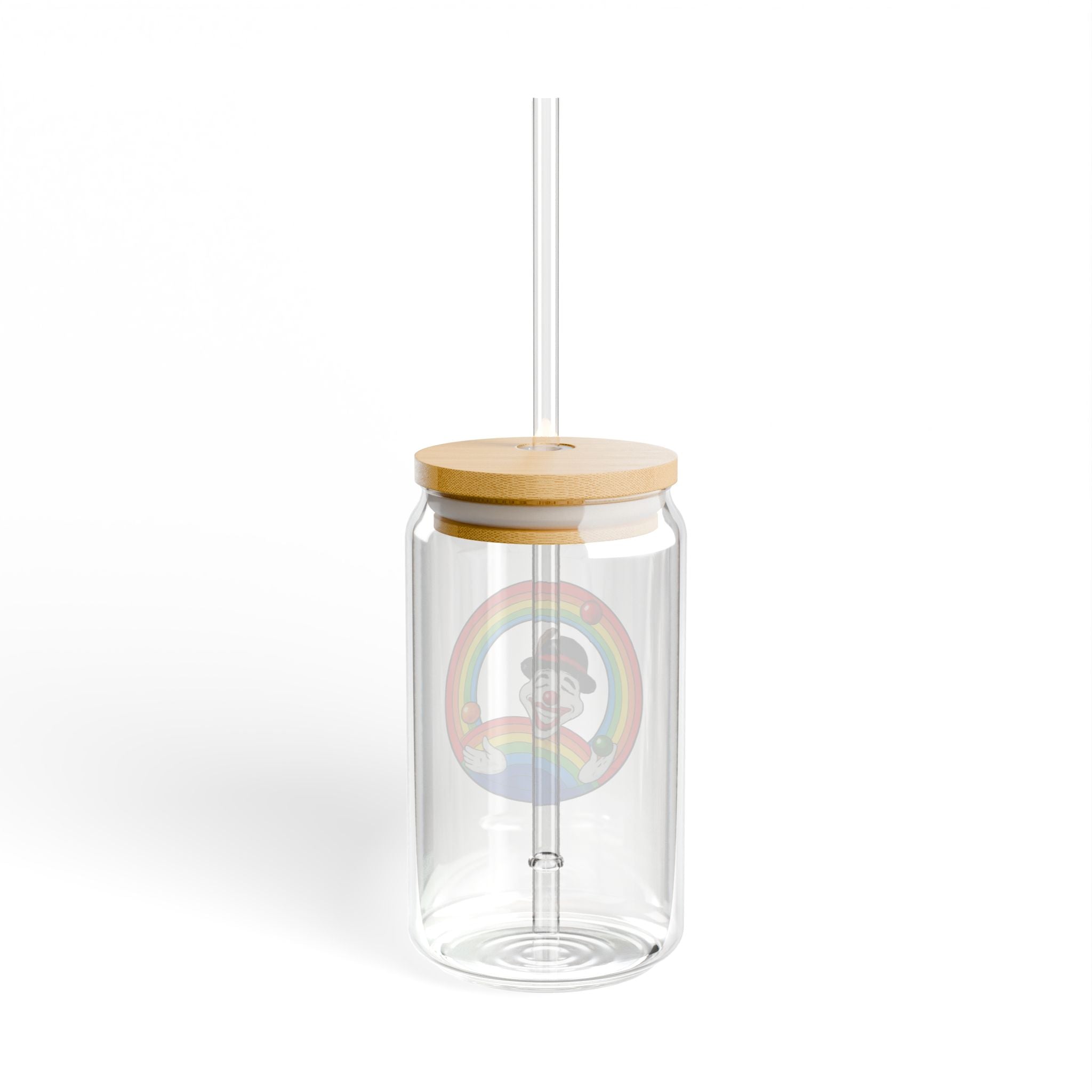 16oz Glass Sipper Cup — Rainbow Clown Design, Reusable Straw Tumbler